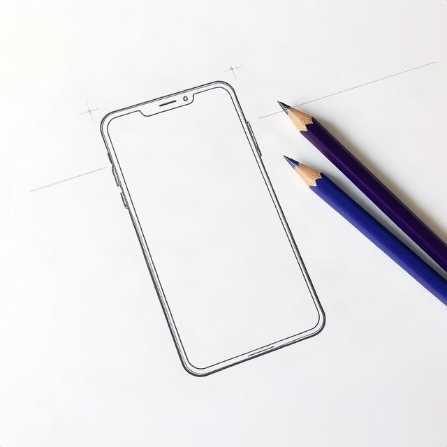 Pencil sketch of a phone screen next to two purple pencils