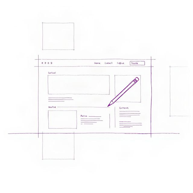 Wireframe sketch of a website layout with a purple pencil